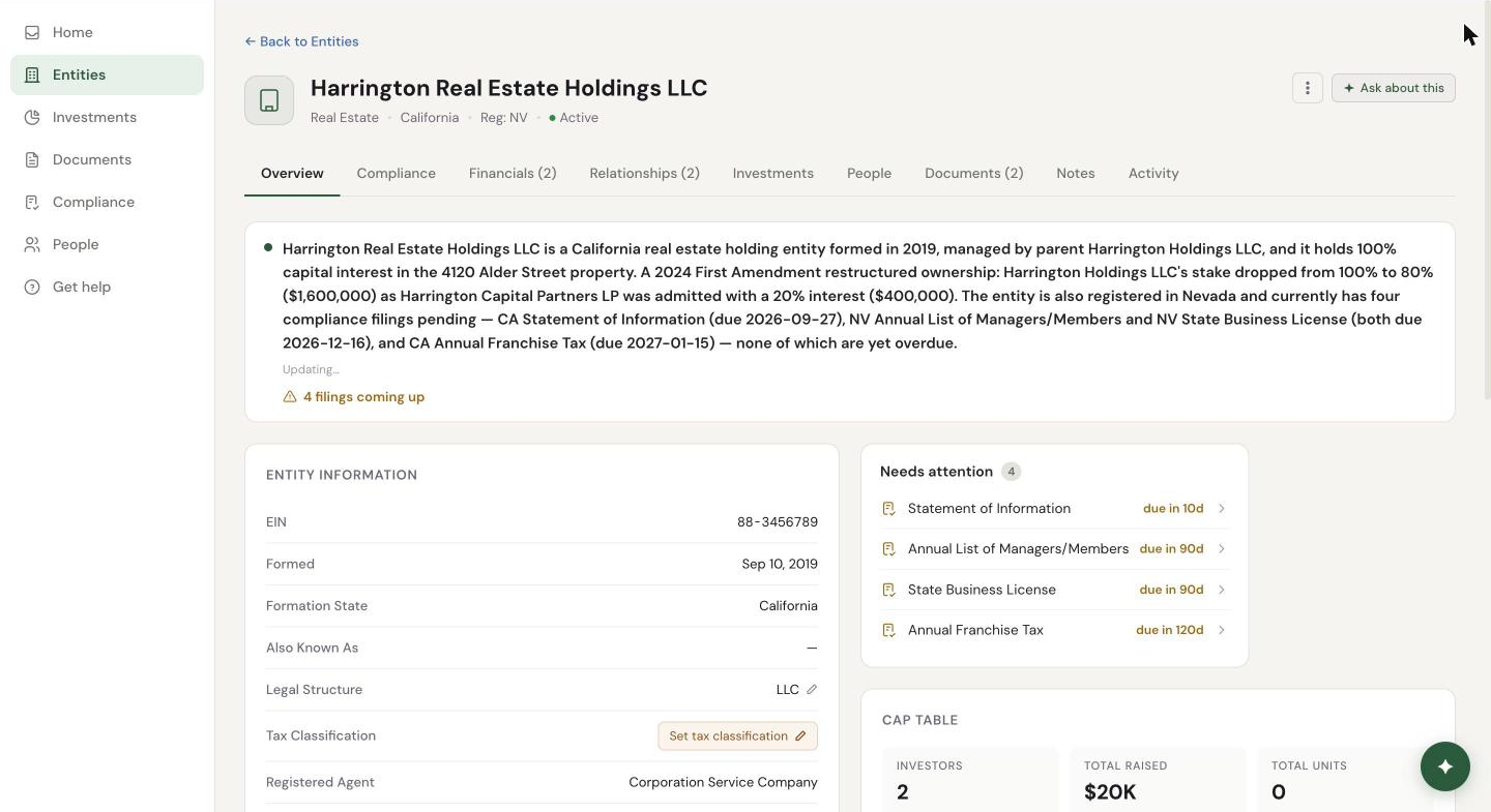 An entity page in Rhodes — current ownership, governing documents, and registrations